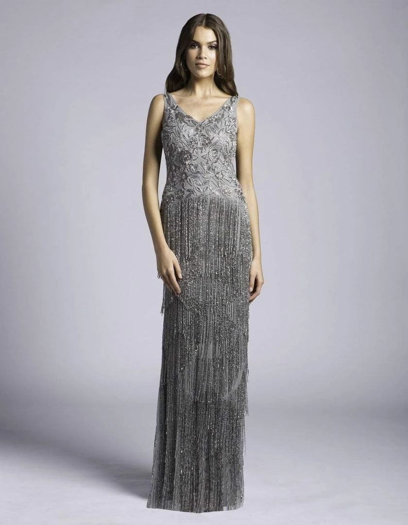 Formal Gowns Lara Dresses - 33614 Embellished V-neck Fringed Gown 3 Formal Gowns Lara Dresses - 33614 Embellished V-neck Fringed Gown