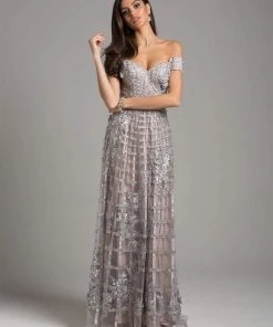 Formal Gowns Lara Dresses - 33650 Floral Appliqued Off Shoulder Gown 8 Formal Gowns Lara Dresses - 33650 Floral Appliqued Off Shoulder Gown