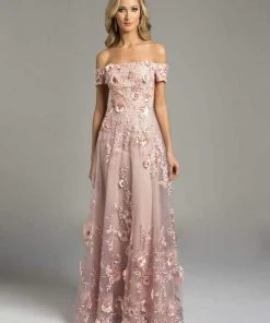 Lara Dresses - Charming Off The Shoulder Long Floral A-line Gown 33211 - 1 Pc Dusty Rose In Size 16 Available Formal Gowns