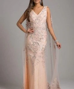 Formal Gowns Lara Dresses - Embellished V-neck Sheath Dress With Cape 29969 - 2 Pcs Blush In Size 12 And 14 Available