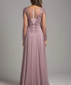 Formal Gowns Lara Dresses - Sheer Long Sleeve Chiffon A-Line Dress 29921 - 2 Pcs Mauve In Size 6 And 14 Available