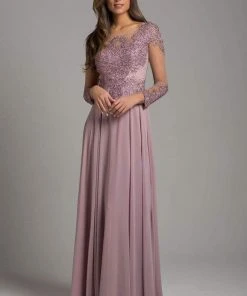 Formal Gowns Lara Dresses - Sheer Long Sleeve Chiffon A-Line Dress 29921 - 2 Pcs Mauve In Size 6 And 14 Available