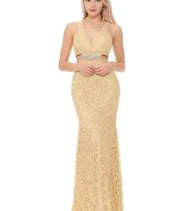 Lenovia - 5170 Lace Plunging V-Neck Evening Dress 44 Lenovia - 5170 Lace Plunging V-Neck Evening Dress
