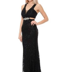 Lenovia - 5170 Lace Plunging V-Neck Evening Dress 36 Lenovia - 5170 Lace Plunging V-Neck Evening Dress