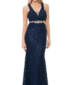 Lenovia - 5170 Lace Plunging V-Neck Evening Dress