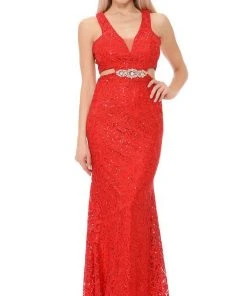 Lenovia - 5170 Lace Plunging V-Neck Evening Dress 34 Lenovia - 5170 Lace Plunging V-Neck Evening Dress
