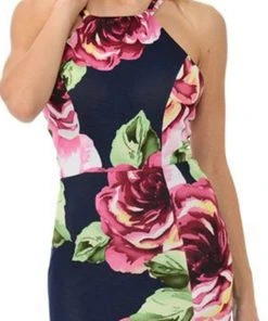 Lenovia - 5181 Floral Printed Halter Trumpet Dress With Slit