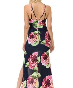 Lenovia - 5181 Floral Printed Halter Trumpet Dress With Slit