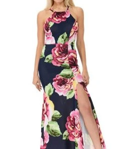 Lenovia - 5181 Floral Printed Halter Trumpet Dress With Slit