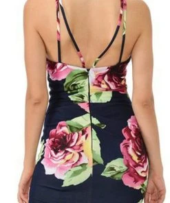 Lenovia - 5181 Floral Printed Halter Trumpet Dress With Slit