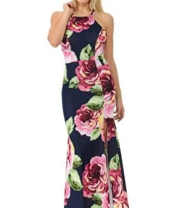 Lenovia - 5181 Floral Printed Halter Trumpet Dress With Slit