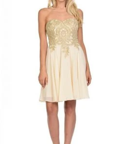 Lenovia - 8110 Gold Embroidered Strapless Cocktail Dress