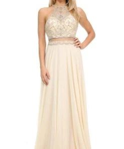 Lenovia - 8122 Crystal Beaded Halter Chiffon A-line Dress Formal Gowns
