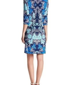 London Times - T2714MNR Quarter Sleeve Bateau Floral Dress