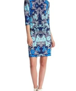 London Times - T2714MNR Quarter Sleeve Bateau Floral Dress