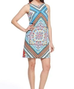 Cocktail Dresses London Times - T3343M Sleeveless Multi Print Sheath Short Dress