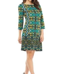 London Times - T3427M Paisley Print Quarter Sleeve Shift Dress Cocktail Dresses