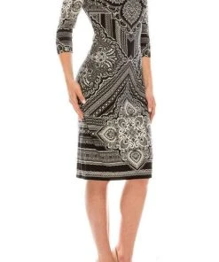 London Times - T3863P Quarter Sleeve Jewel Neck Damask Print Dress Cocktail Dresses 16 London Times - T3863P Quarter Sleeve Jewel Neck Damask Print Dress Cocktail Dresses