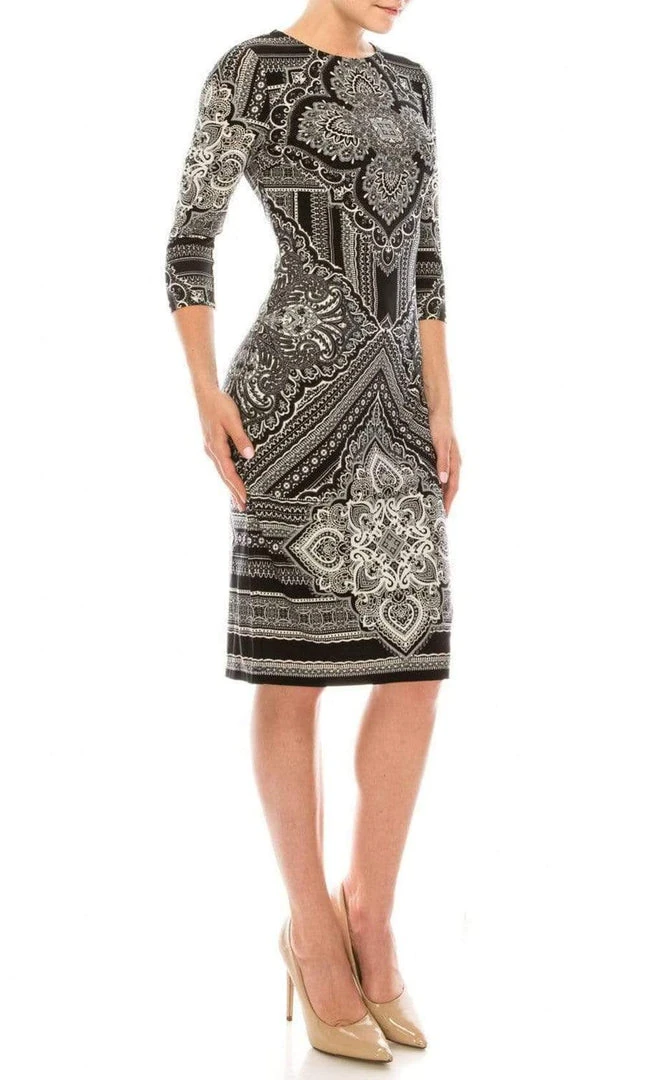 London Times - T3863P Quarter Sleeve Jewel Neck Damask Print Dress Cocktail Dresses 9 London Times - T3863P Quarter Sleeve Jewel Neck Damask Print Dress Cocktail Dresses