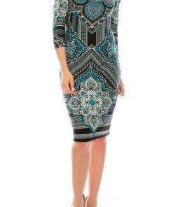 London Times - T3863P Quarter Sleeve Jewel Neck Damask Print Dress Cocktail Dresses