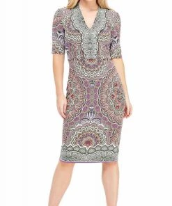 Cocktail Dresses London Times - T3961M V-Neck Medallion Print Jersey Midi Sheath Dress 16 Cocktail Dresses London Times - T3961M V-Neck Medallion Print Jersey Midi Sheath Dress