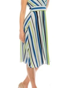 London Times - T4380M Striped Sleeveless Surplice V Neck A-Line Dress 14 London Times - T4380M Striped Sleeveless Surplice V Neck A-Line Dress