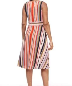 London Times - T4380M Striped Sleeveless Surplice V Neck A-Line Dress