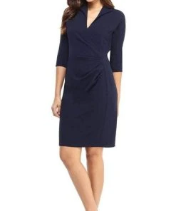 Cocktail Dresses London Times - T4703M Collared Wrap Style Sheath Dress