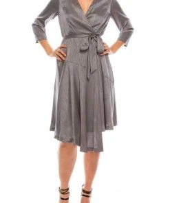 Cocktail Dresses London Times - T4896M Three Quarter Sleeve Twill Faux Wrap Dress
