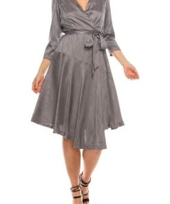 Cocktail Dresses London Times - T4896M Three Quarter Sleeve Twill Faux Wrap Dress