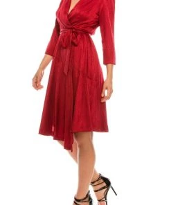 Cocktail Dresses London Times - T4896M Three Quarter Sleeve Twill Faux Wrap Dress