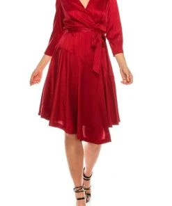 Cocktail Dresses London Times - T4896M Three Quarter Sleeve Twill Faux Wrap Dress