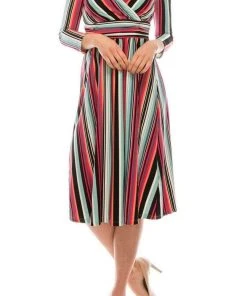 London Times - T4898M Stripes V Neck A-Line Dress