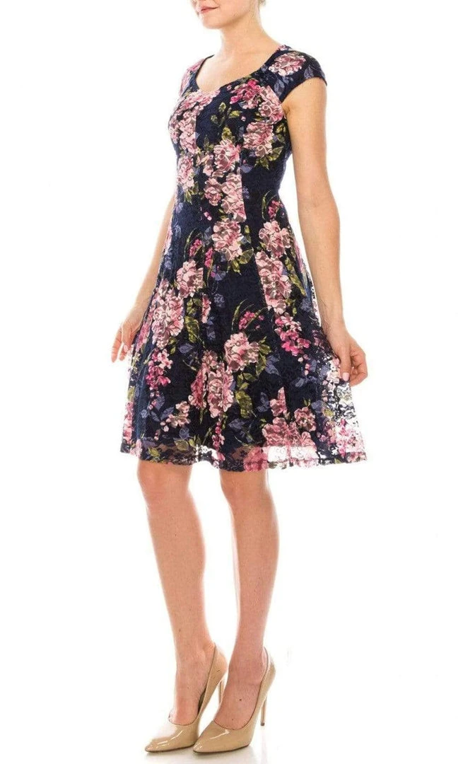 Cocktail Dresses London Times - T4934M Cap Sleeves Floral Print A-Line Dress 6 Cocktail Dresses London Times - T4934M Cap Sleeves Floral Print A-Line Dress