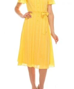 Cocktail Dresses London Times - T4975M Collared Button Up Short Sleeve Shirt Dress