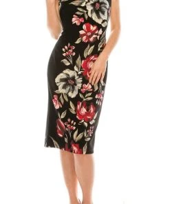 London Times - T5088M Painted Floral Print Knee Length Sheath Dress