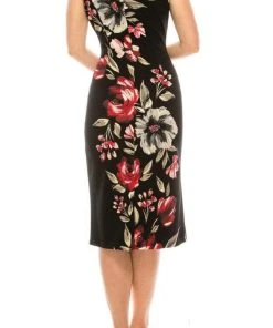 London Times - T5088M Painted Floral Print Knee Length Sheath Dress