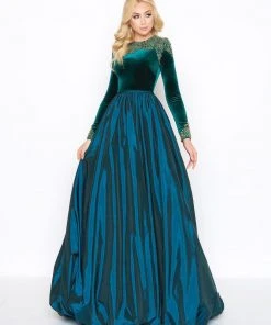 Mac Duggal - 12088D Beaded Velvet Long Sleeve Jewel Neck Ballgown