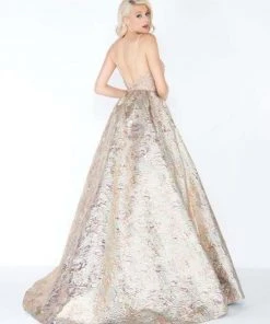 Formal Gowns Mac Duggal - 2010M Gilded Deep V-neck Metallic Brocade Ballgown