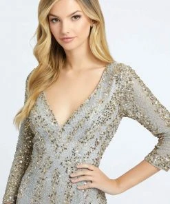 Mac Duggal - 4247D Plunging V-neck Beaded Sheath Gown - 1 Pc Platinum Nude In Size 8 And 1 Pc Nude Platinum In Size 14 Available Formal Gowns