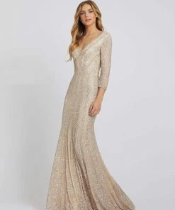 Mac Duggal - 4247D Plunging V-neck Beaded Sheath Gown - 1 Pc Platinum Nude In Size 8 And 1 Pc Nude Platinum In Size 14 Available Formal Gowns