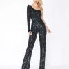 Plus Size Dresses Mac Duggal - 4636R Sequined Asymmetrical Long Sleeve Jumpsuit