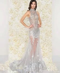 Formal Gowns Mac Duggal - 50426D Bejeweled High Neck Sheer Evening Gown
