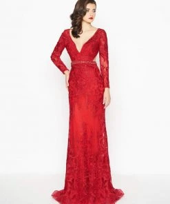 Mac Duggal - 50540R Beaded Lace Deep V-neck Sheath Dress