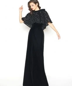 Mac Duggal - 66590R Floral Embroidered Caplet High Neck Sheath Dress Formal Gowns