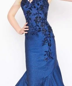 Formal Gowns Mac Duggal - 66597D Floral Applique Metallic Woven Trumpet Dress