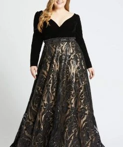 Formal Gowns Mac Duggal - 67614F Velvet Long Sleeve Sequined Ballgown