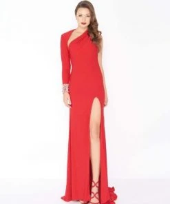 Mac Duggal - 77413R Beaded One Sleeve Asymmetric Sheath Dress