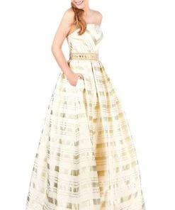 Mac Duggal Ballgowns - 40883H Straight-Across Gilt-Striped Ballgown