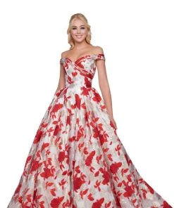 Formal Gowns Mac Duggal Ballgowns - 66588H Off Shoulder Metallic Print Ballgown